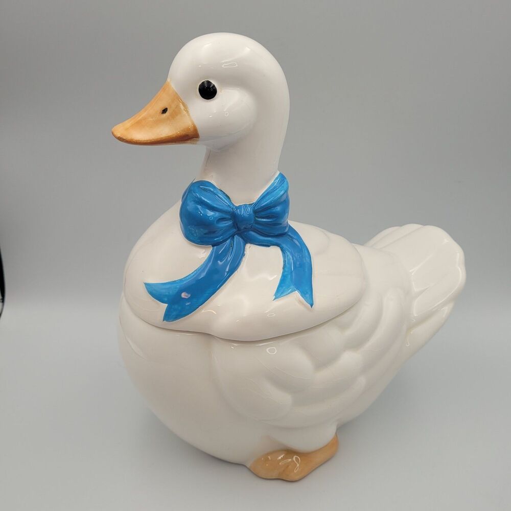 VTG White Goose Blue Bow Cookie Jar Cottage Farmhouse Country Granny 80s Kitchen